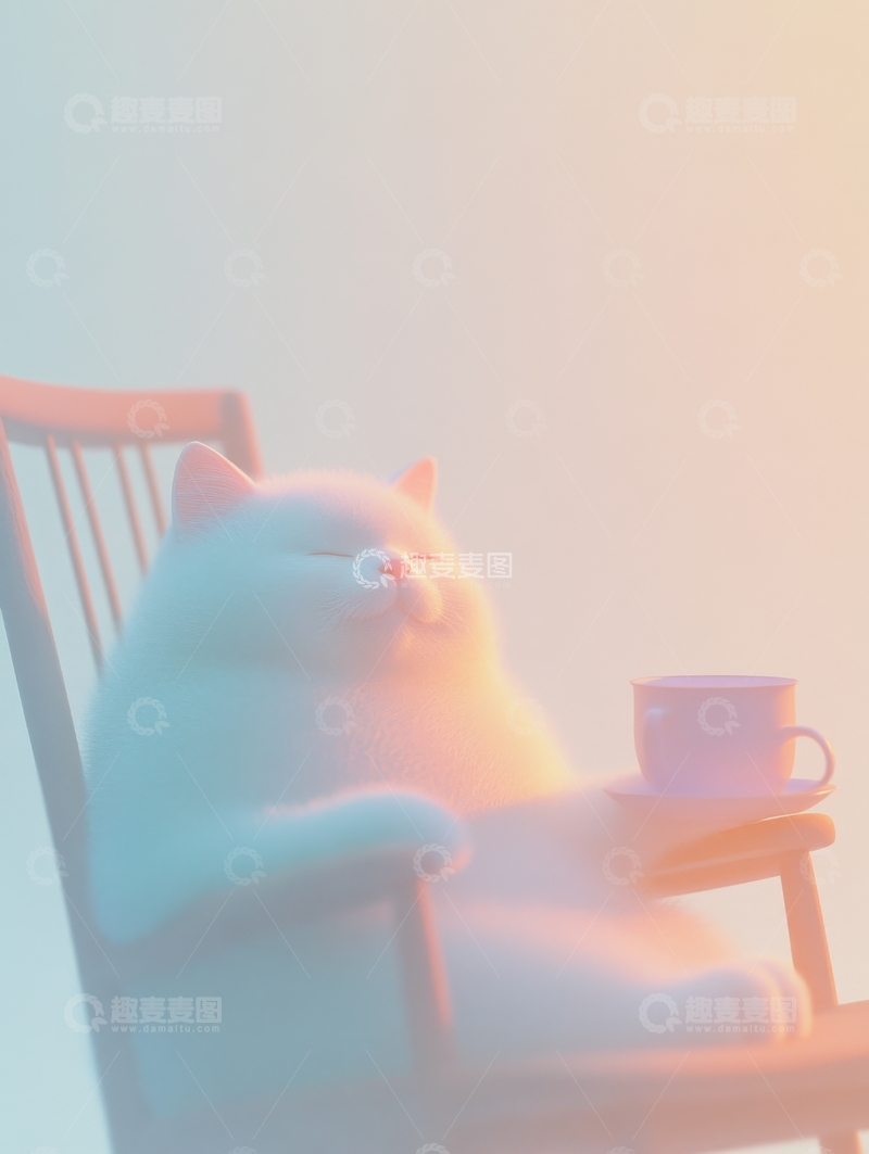 高清大图下载【趣麦麦图】猫咪悠闲地坐在椅子上，旁边放着一杯茶