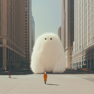 城市广场上的巨大毛绒生物与行人