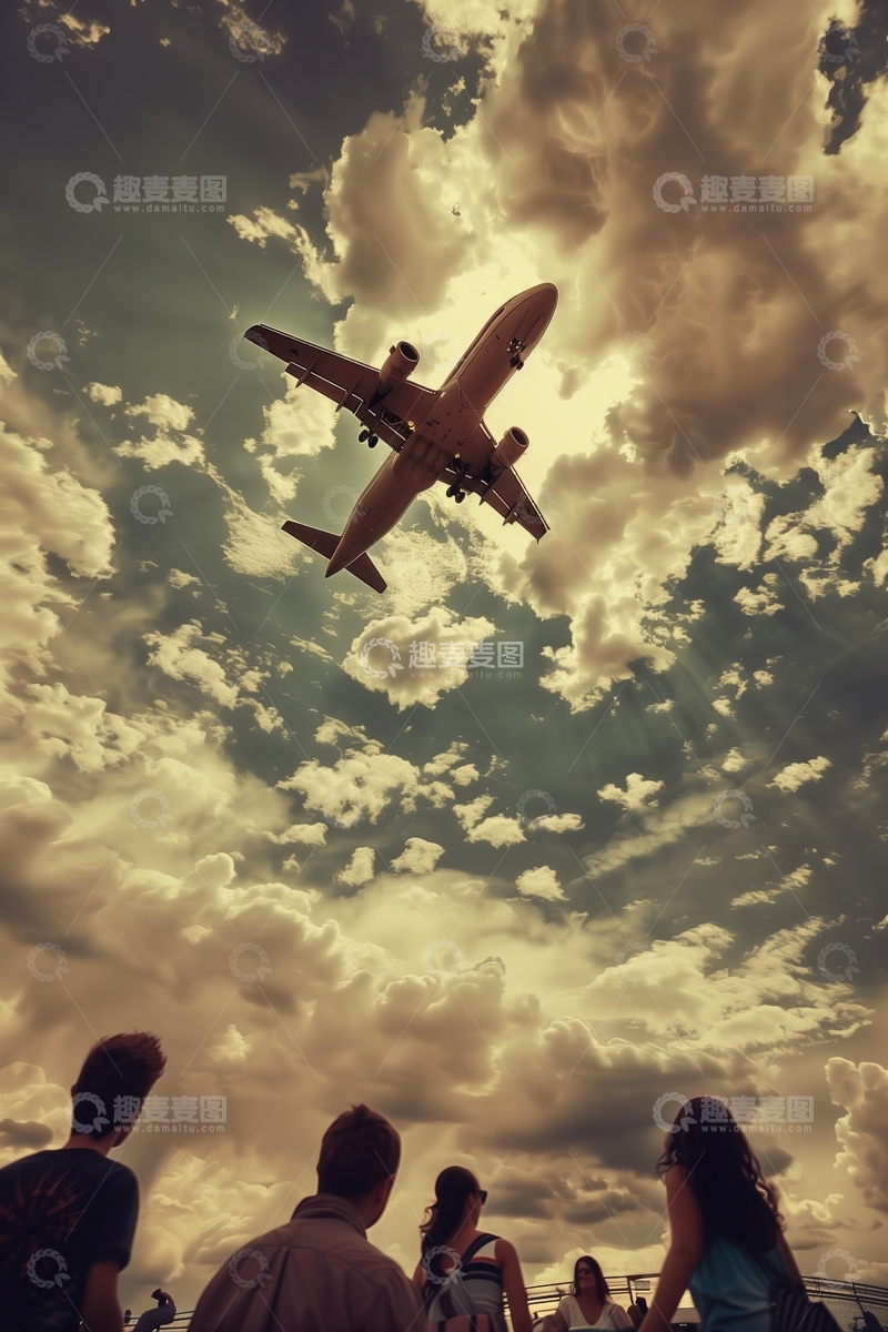 高清大图下载【趣麦麦图】飞机飞过，众人仰望