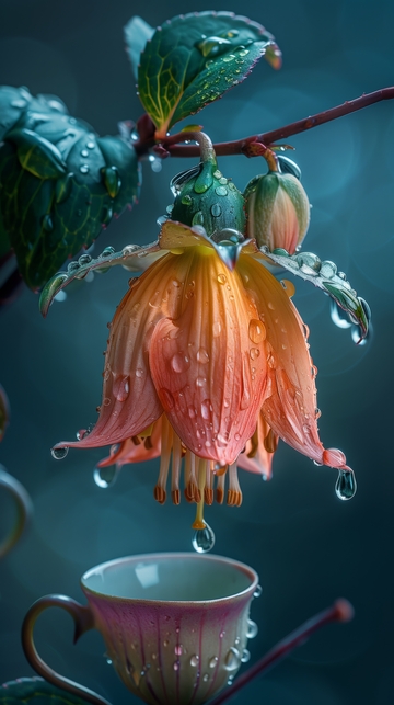 雨滴中的花朵与茶杯