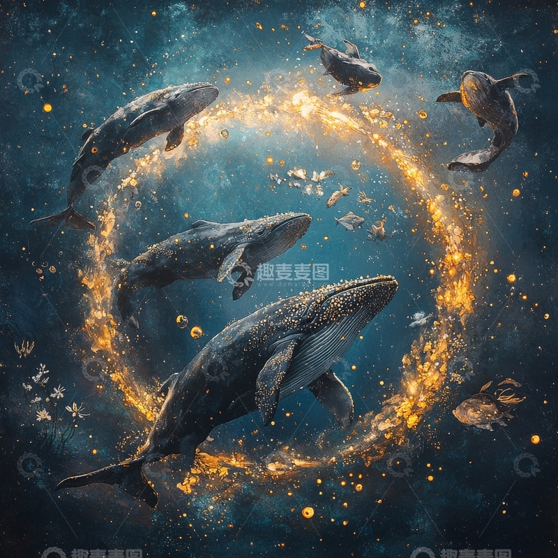 高清大图下载【趣麦麦图】鲸鱼环绕金色光环的梦幻场景