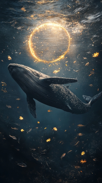 深海鲸鱼与光圈的奇幻景象