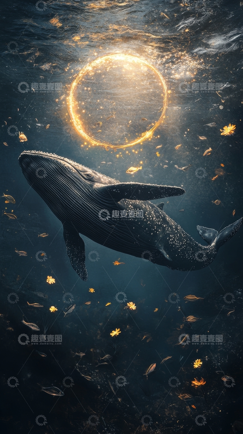 高清大图下载【趣麦麦图】深海鲸鱼与光圈的奇幻景象