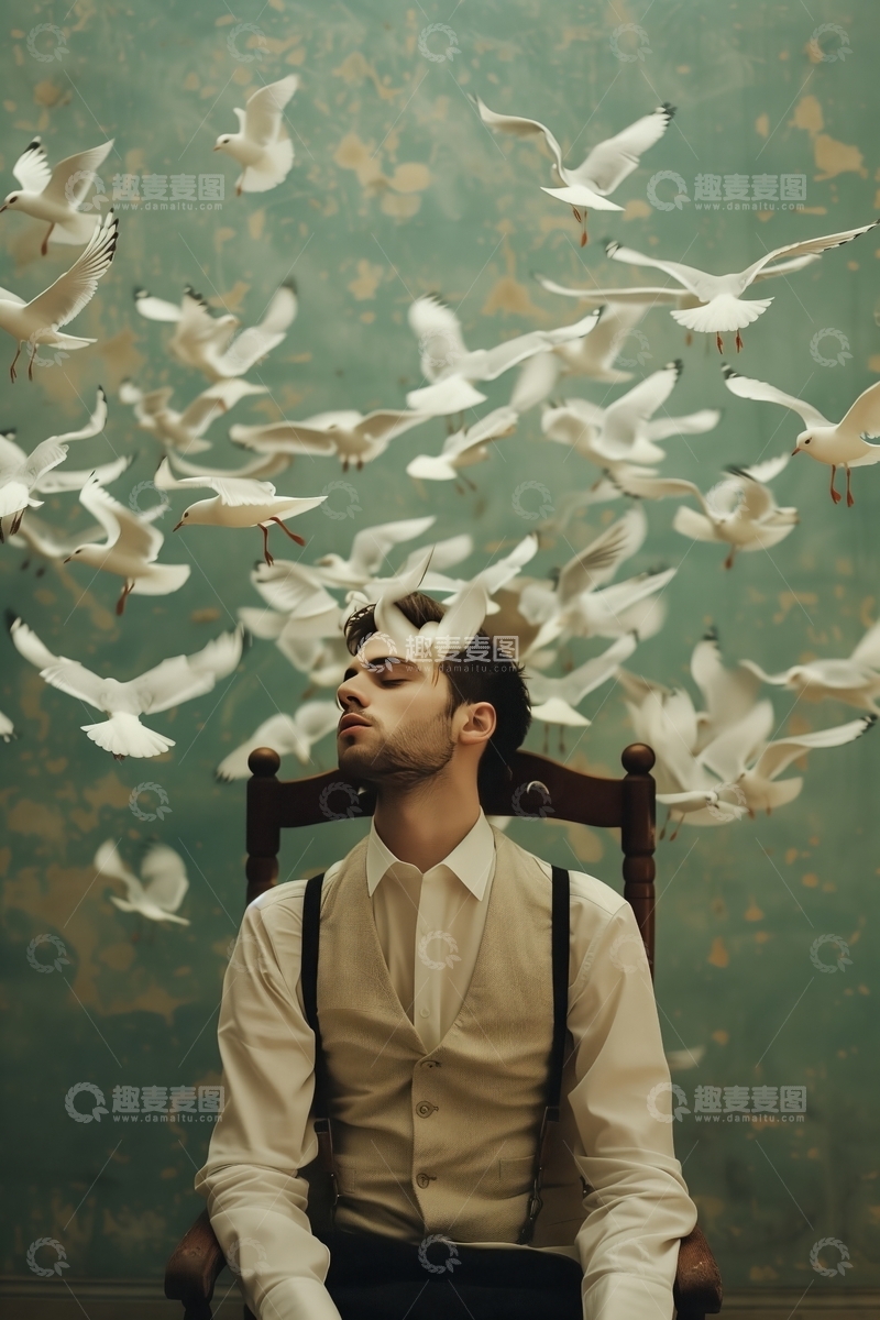 高清大图下载【趣麦麦图】男子静坐，群鸟环绕