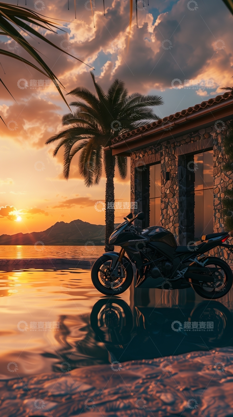 高清大图下载【趣麦麦图】夕阳下的摩托车与棕榈树倒影