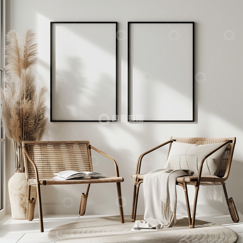 高清大图下载【趣麦麦图】简约室内设计，藤椅与装饰画