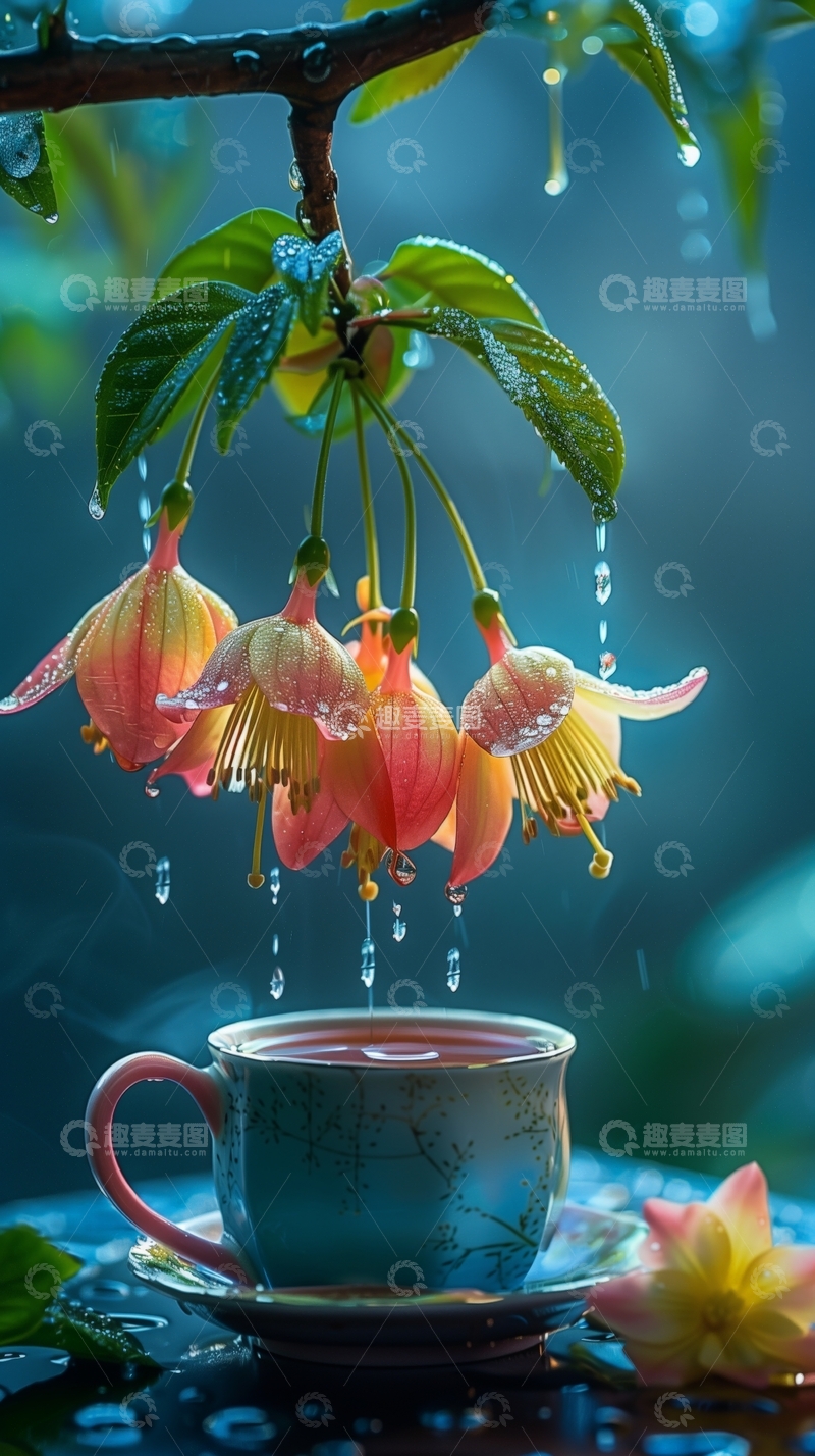 雨中花枝与热茶杯