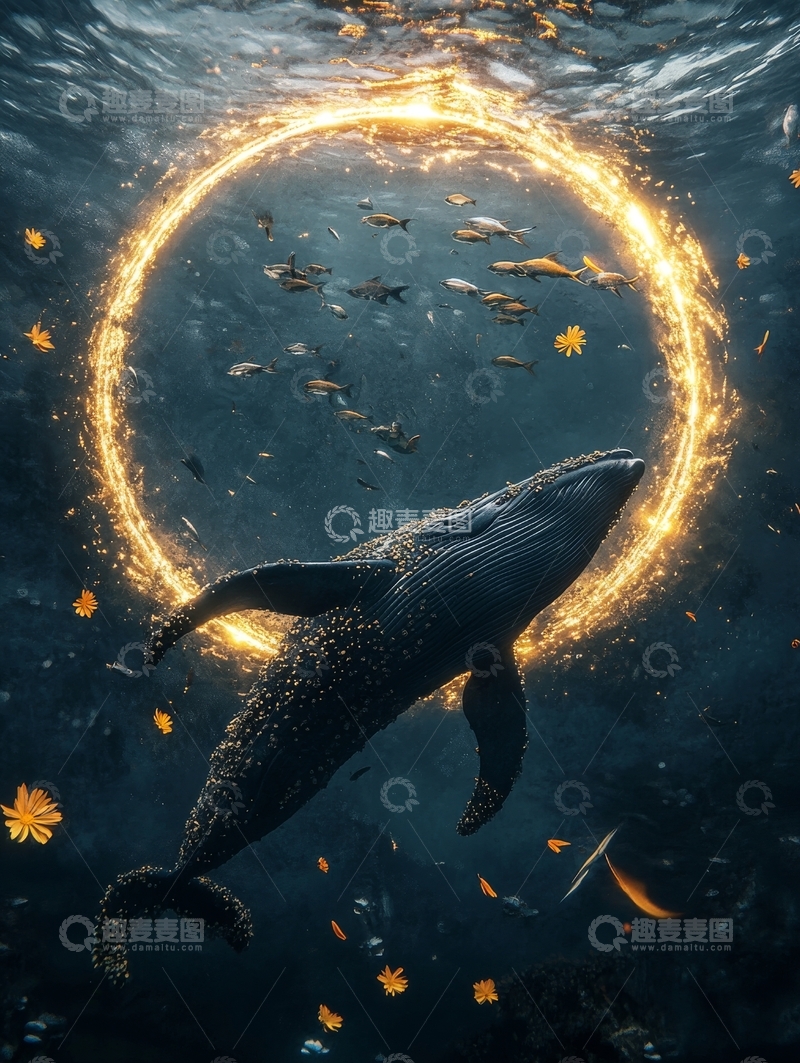 高清大图下载【趣麦麦图】鲸鱼环绕光圈，深海奇幻景象