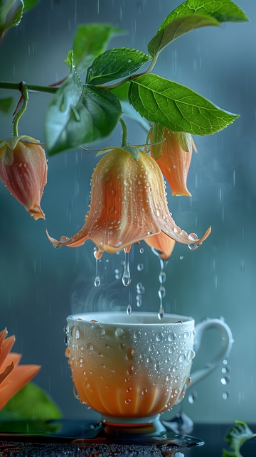 雨滴从花中落入茶杯