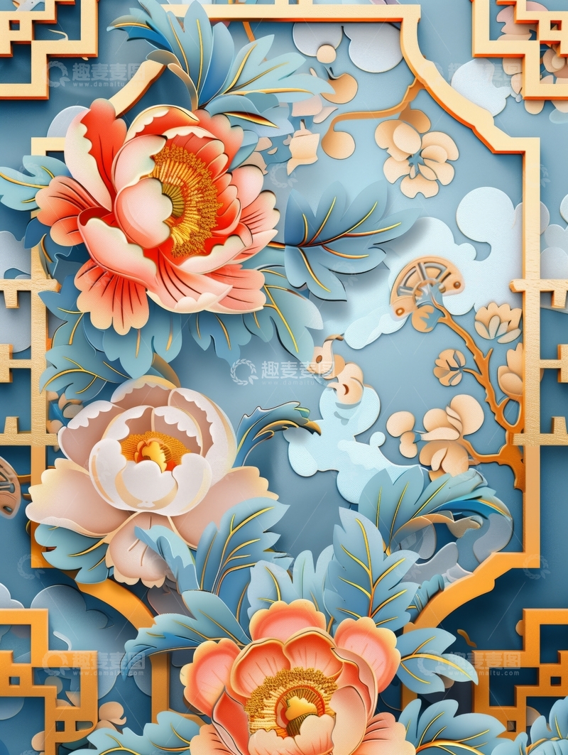 华丽花卉与传统窗格装饰图案