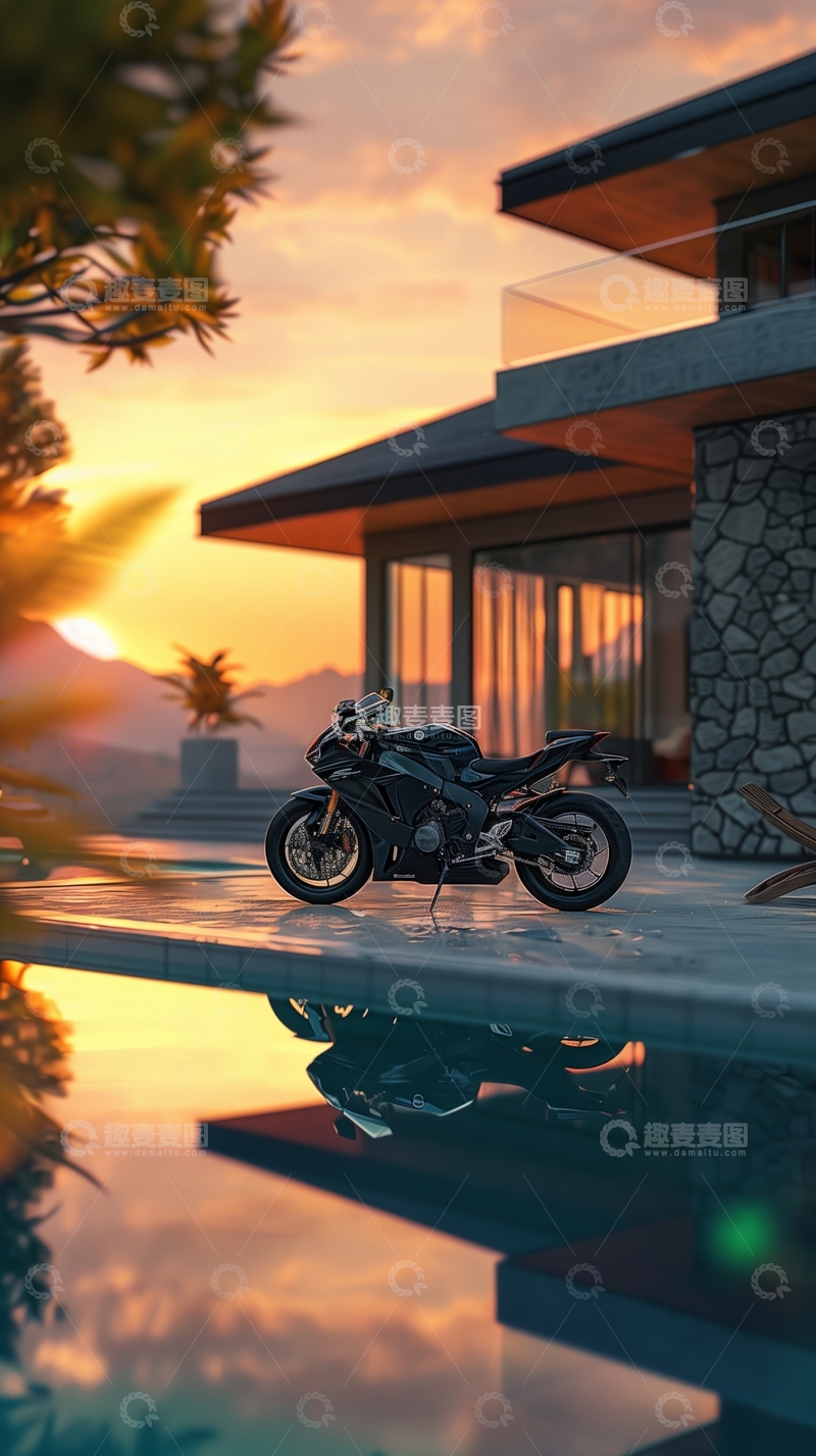 高清大图下载【趣麦麦图】日落时分，摩托车停在现代别墅旁