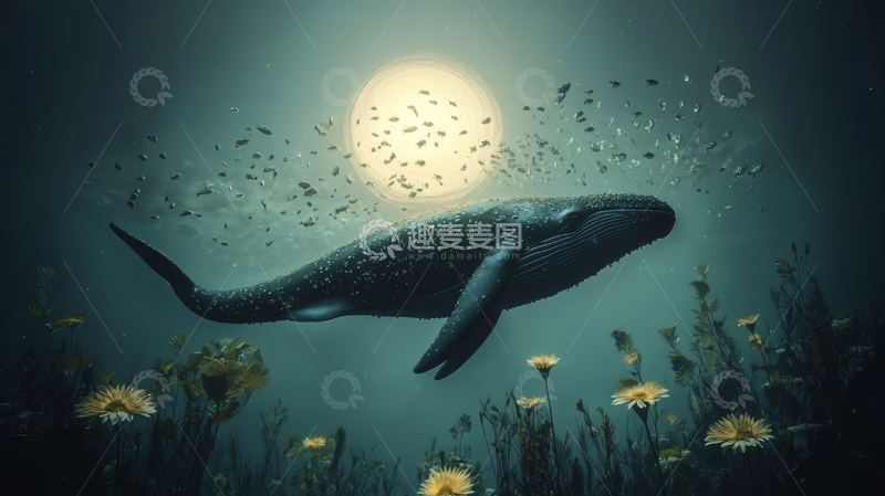 高清大图下载【趣麦麦图】海底鲸鱼与月光下的花丛