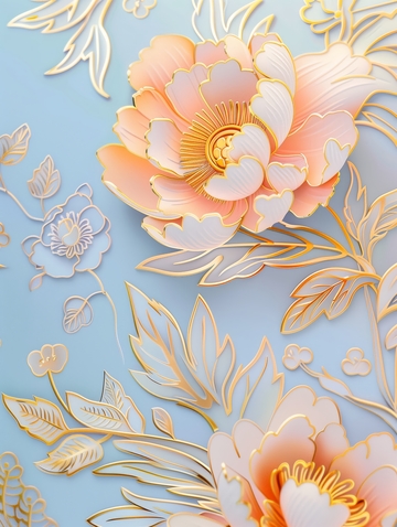 金色线条勾勒的粉色花朵艺术图案