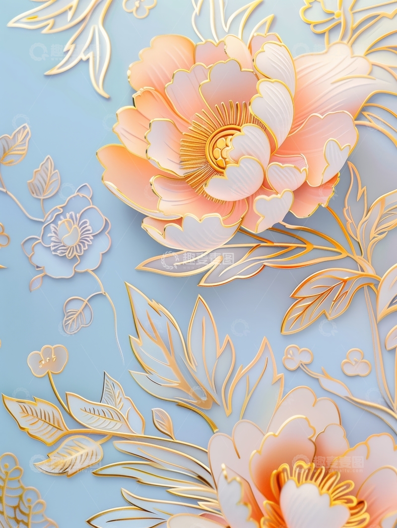 高清大图下载【趣麦麦图】金色线条勾勒的粉色花朵艺术图案