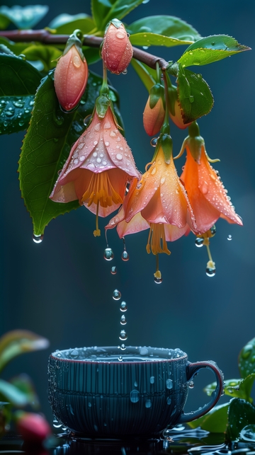 雨滴从花间落入茶杯