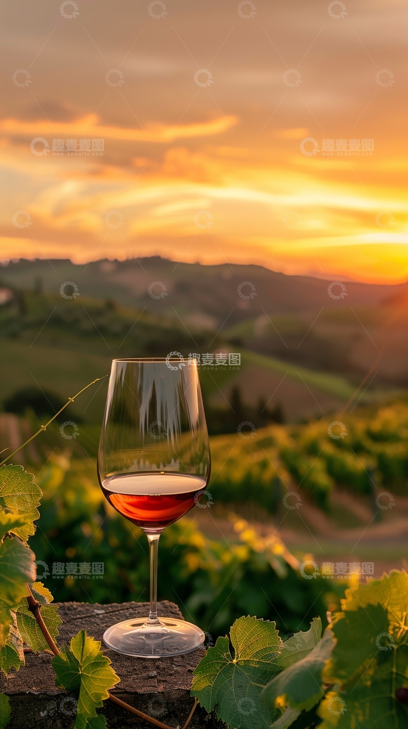 高清大图下载【趣麦麦图】夕阳下的葡萄园与红酒杯