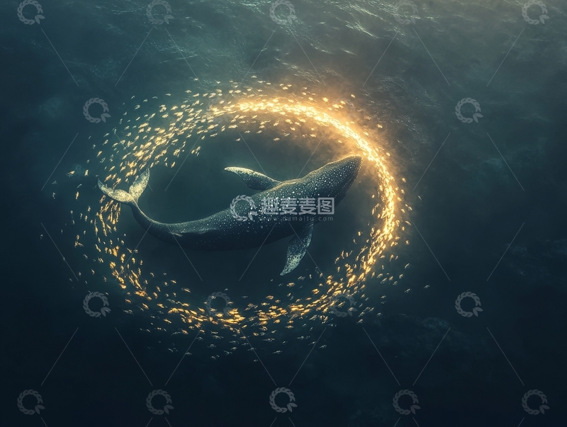 高清大图下载【趣麦麦图】深海中的鲸鱼环绕金色光环