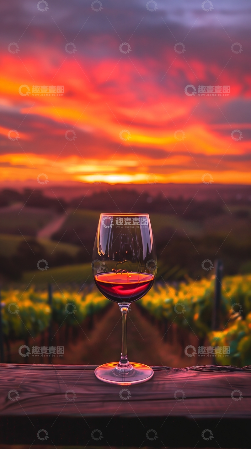 高清大图下载【趣麦麦图】夕阳下的葡萄园与红酒杯