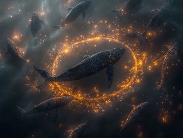 鲸鱼环绕光圈的神秘场景