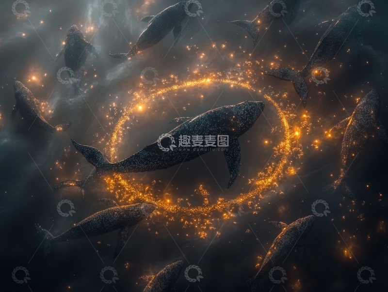 高清大图下载【趣麦麦图】鲸鱼环绕光圈的神秘场景
