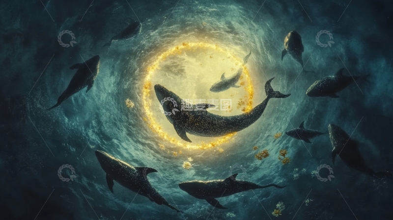 高清大图下载【趣麦麦图】海底光圈中的鲸鱼群