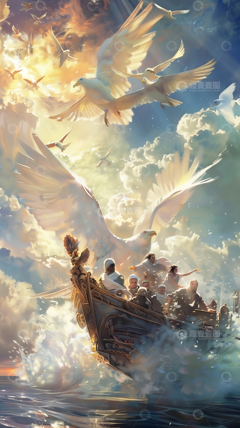高清大图下载【趣麦麦图】乘风破浪的船只与飞翔的白鸽