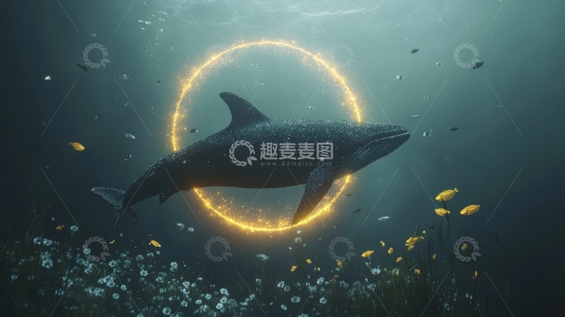 高清大图下载【趣麦麦图】鲸鱼环绕光环，海底梦幻场景
