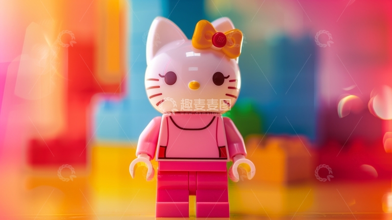 高清大图下载【趣麦麦图】粉色猫咪玩偶站立于彩色背景前