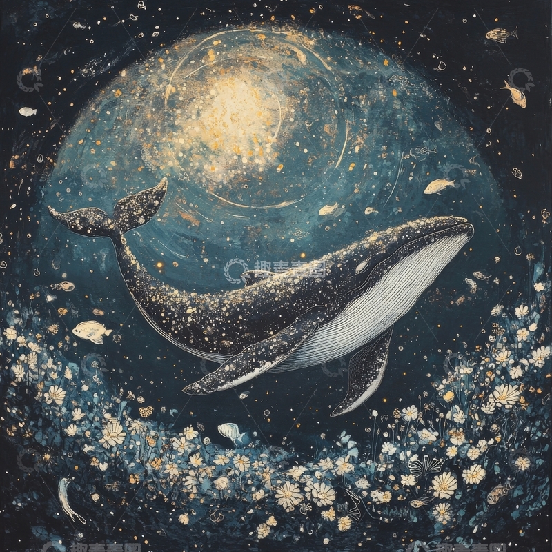 高清大图下载【趣麦麦图】星空下的鲸鱼与月亮