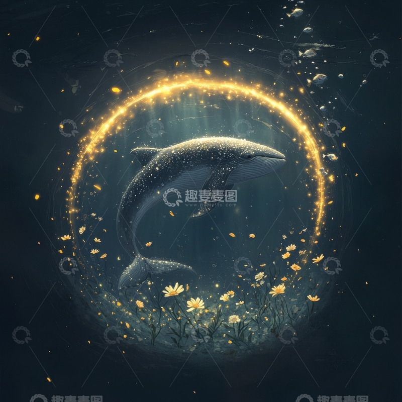 高清大图下载【趣麦麦图】梦幻光环中的鲸鱼与花海