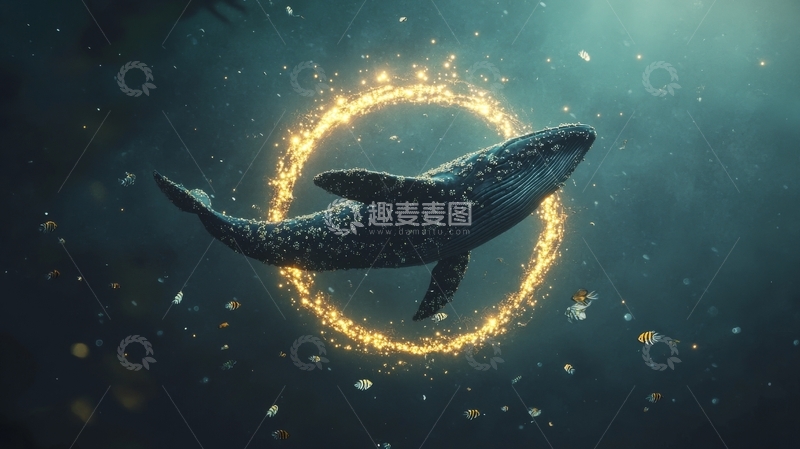 高清大图下载【趣麦麦图】鲸鱼环绕金色光环，深海神秘景象