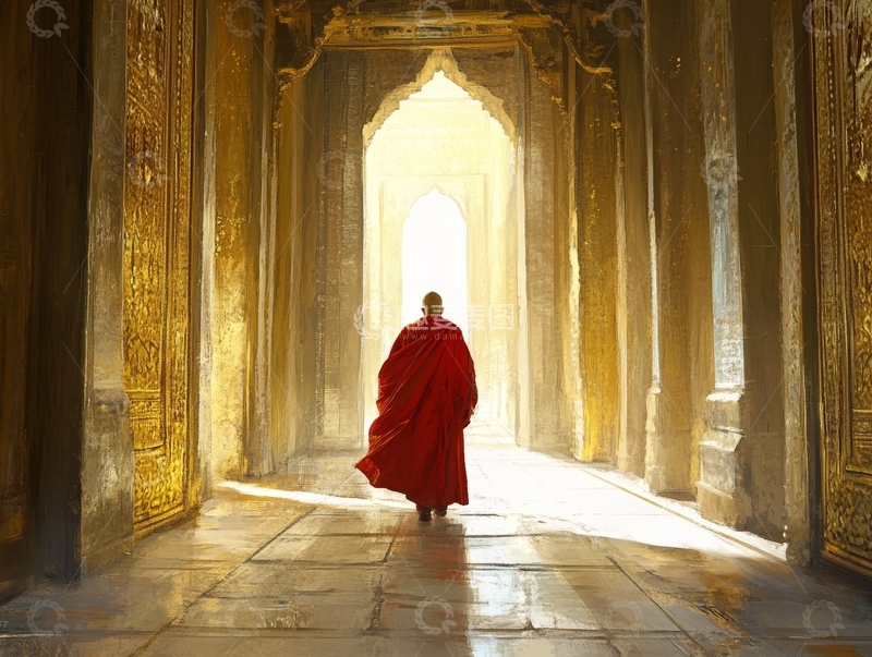 高清大图下载【趣麦麦图】僧侣在金色寺庙走廊中行走