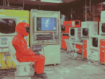 身穿橙色防护服的人员在控制室内操作电脑