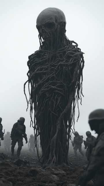 神秘生物与士兵在战场上的对峙