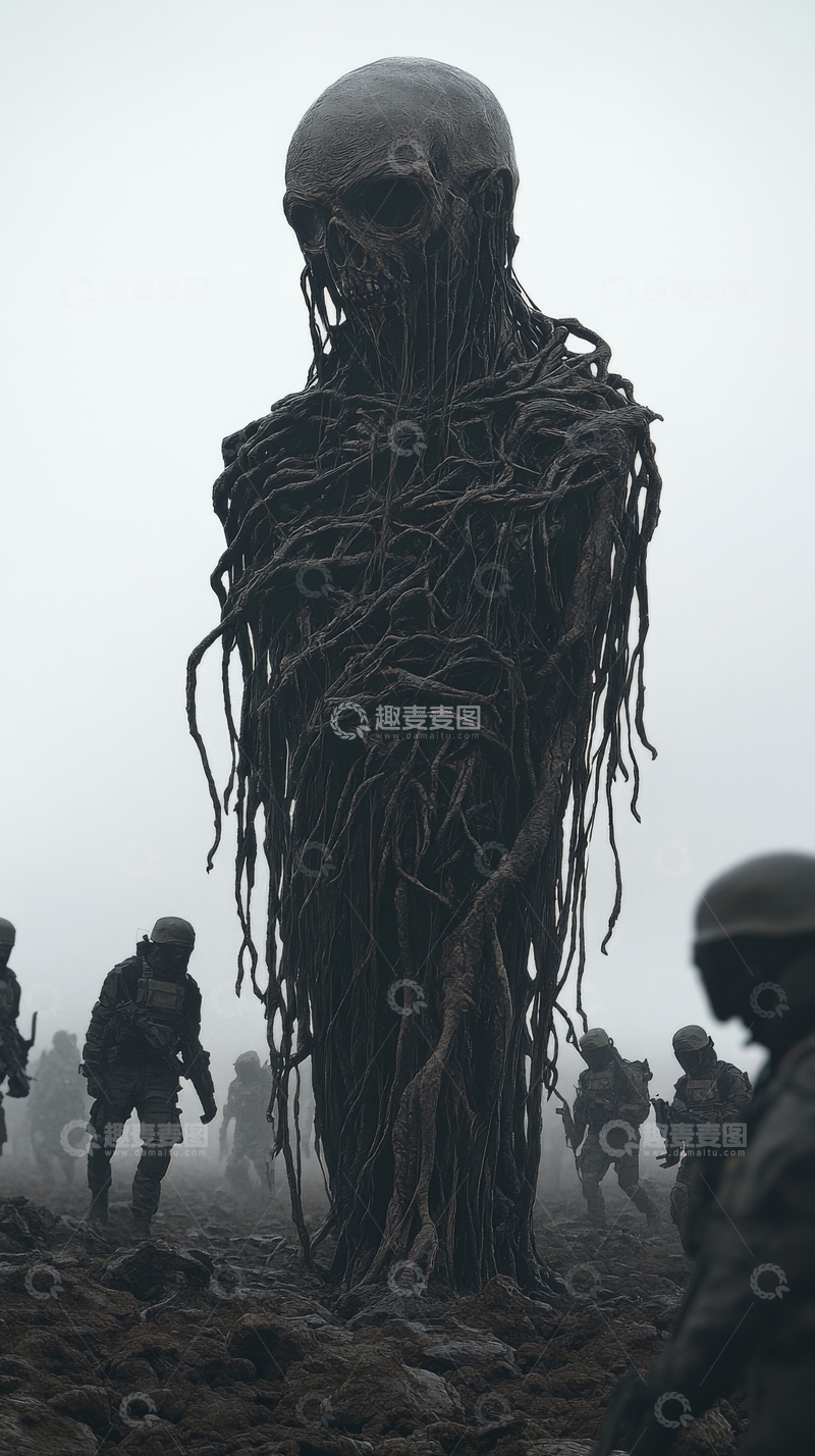 高清大图下载【趣麦麦图】神秘生物与士兵在战场上的对峙