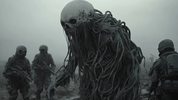 神秘生物与全副武装的士兵