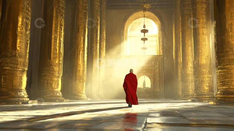 高清大图下载【趣麦麦图】僧侣在古建筑中行走