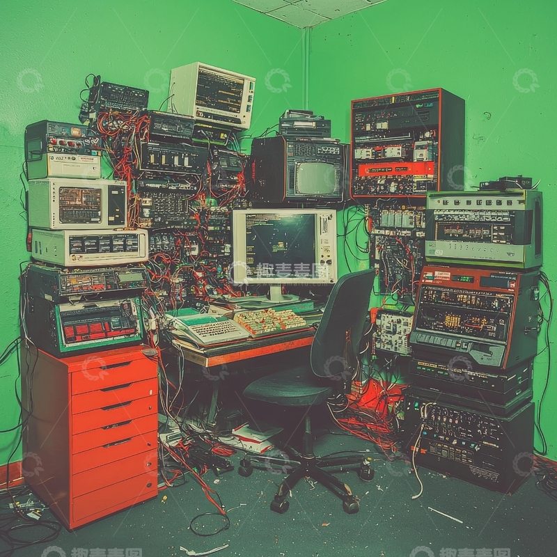 高清大图下载【趣麦麦图】电子设备堆满的绿色工作室