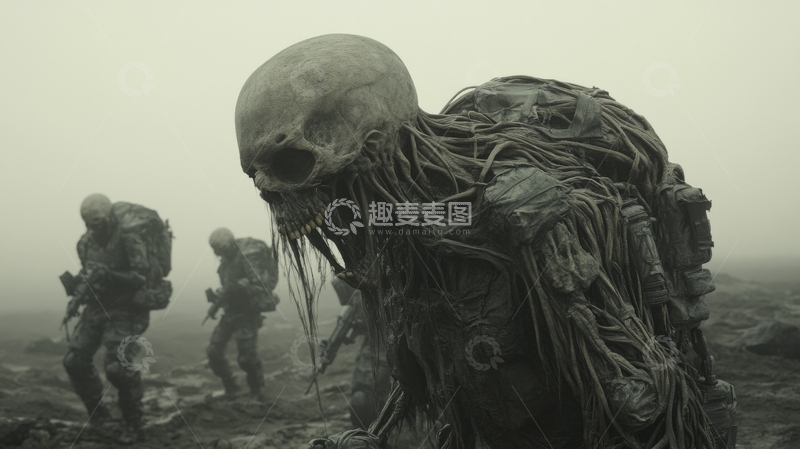高清大图下载【趣麦麦图】骷髅生物与士兵在荒芜战场