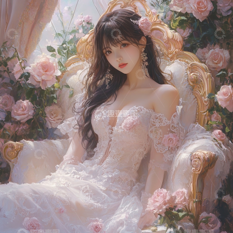 华丽礼服中的女子，置身于玫瑰花海