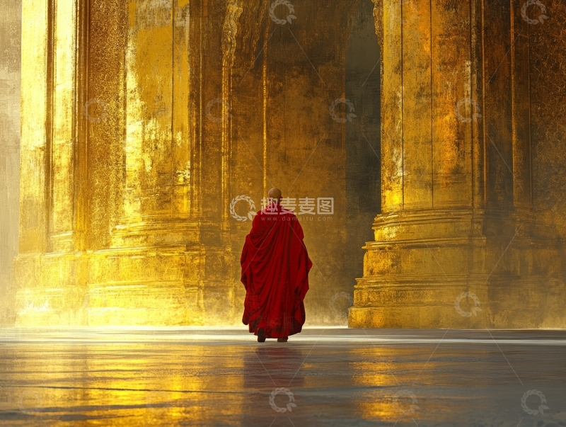 高清大图下载【趣麦麦图】红袍僧侣在金色柱廊中行走