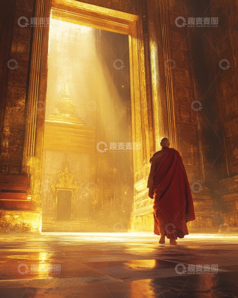 高清大图下载【趣麦麦图】僧侣步入金色光芒的殿堂