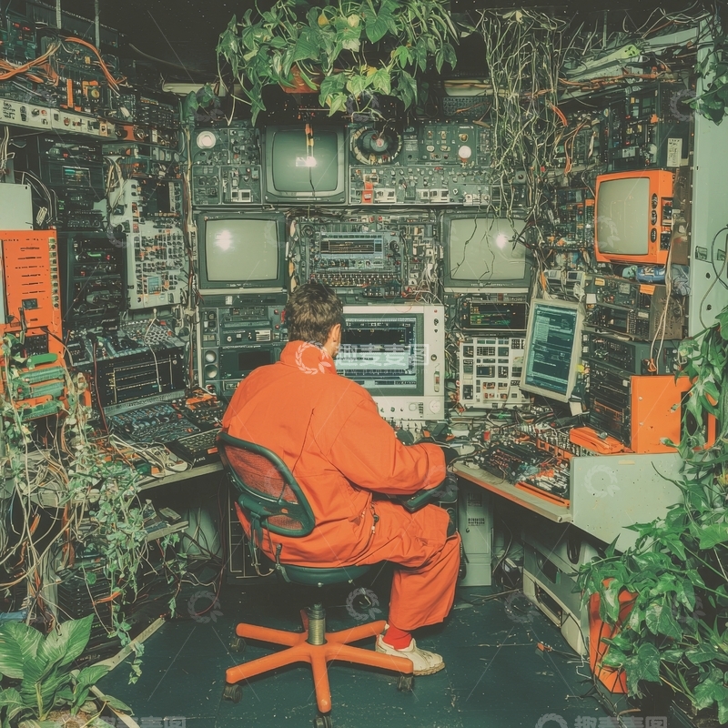 高清大图下载【趣麦麦图】工程师在复古电脑室内工作