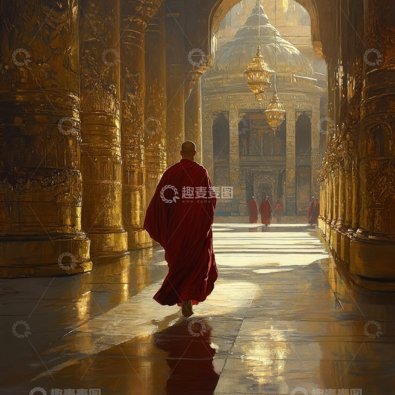 高清大图下载【趣麦麦图】僧侣行走在金色寺庙走廊