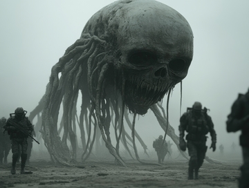 士兵面对巨大骷髅触手怪物