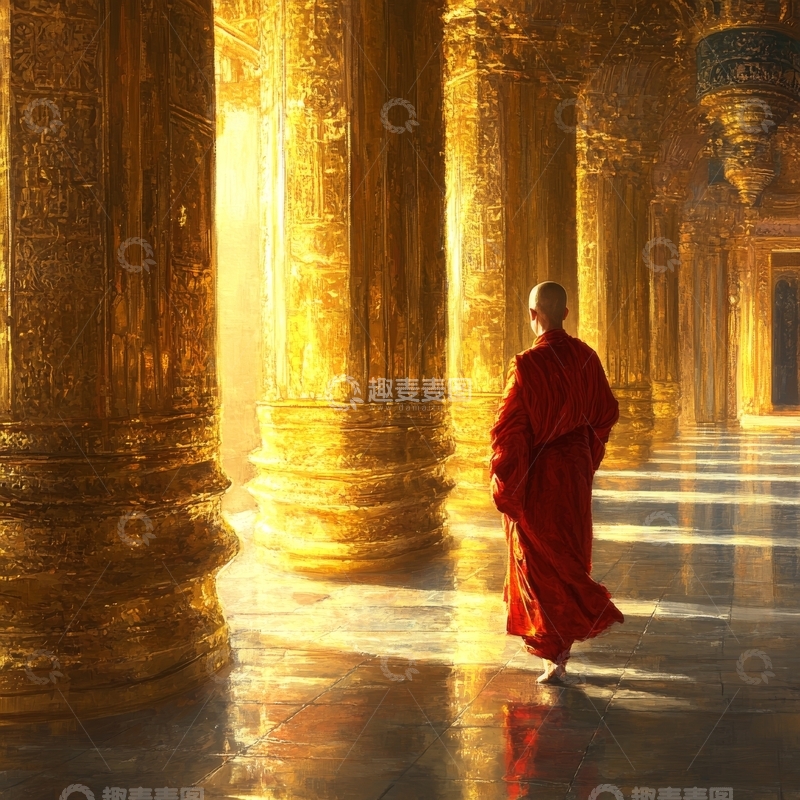 高清大图下载【趣麦麦图】僧侣在金色殿堂中行走