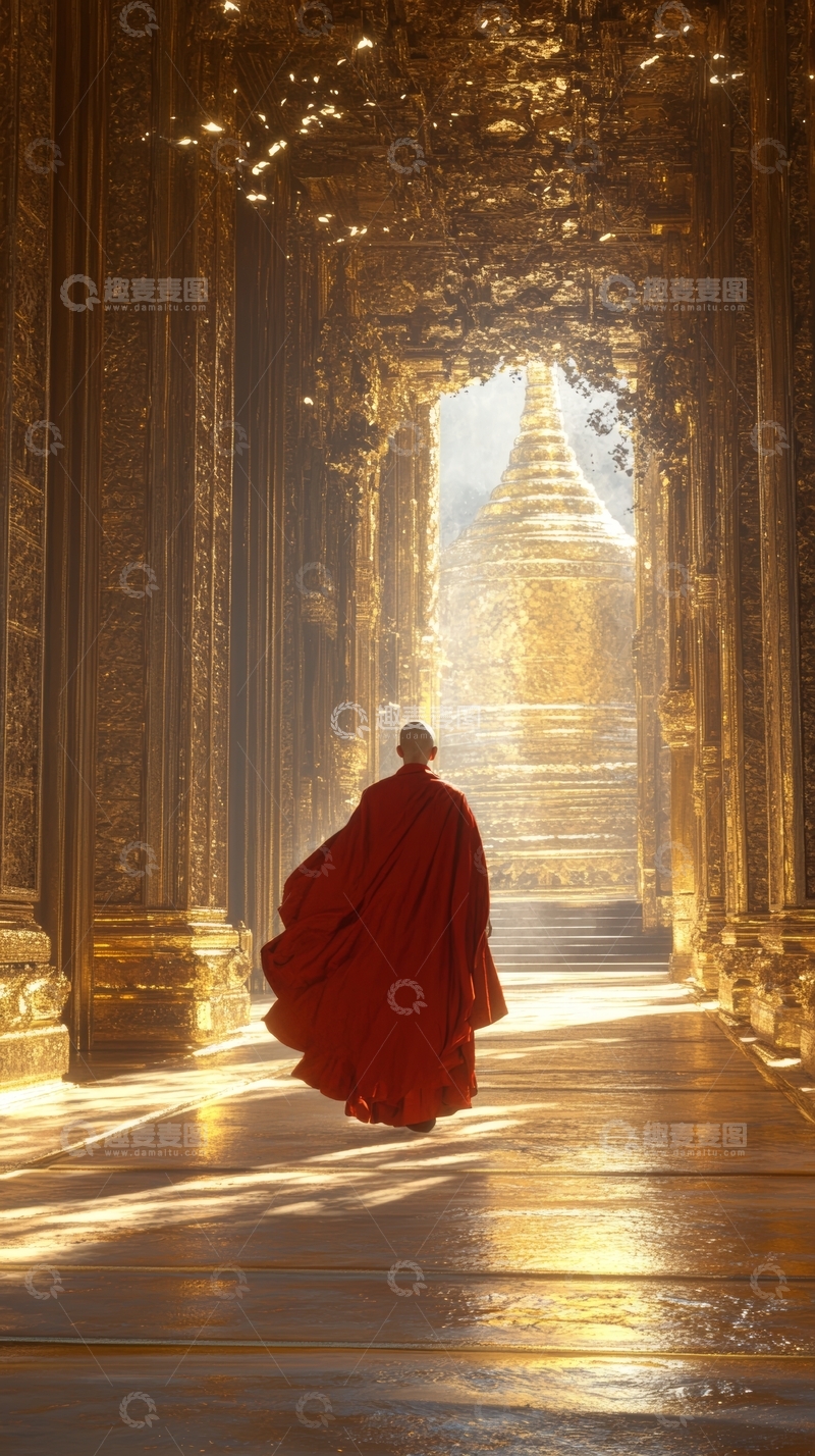 高清大图下载【趣麦麦图】僧侣行走在金色寺庙中