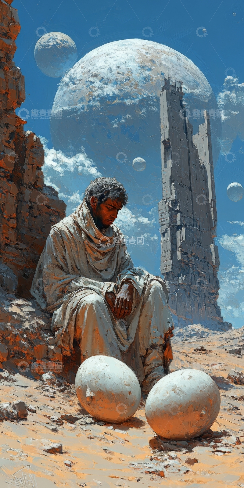 高清大图下载【趣麦麦图】荒漠中沉思的旅人与神秘星球