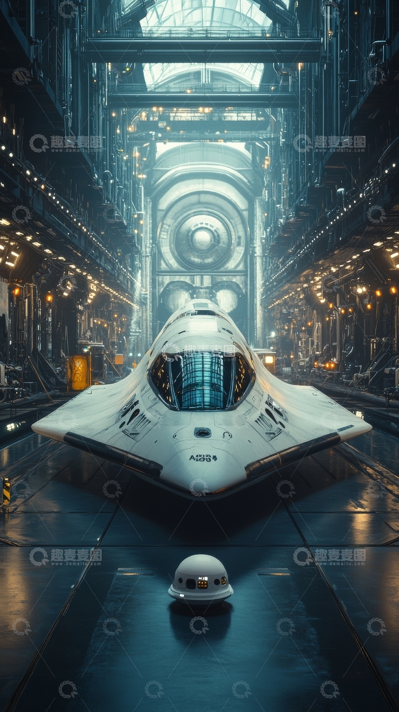 高清大图下载【趣麦麦图】未来航天器在高科技机库中展示