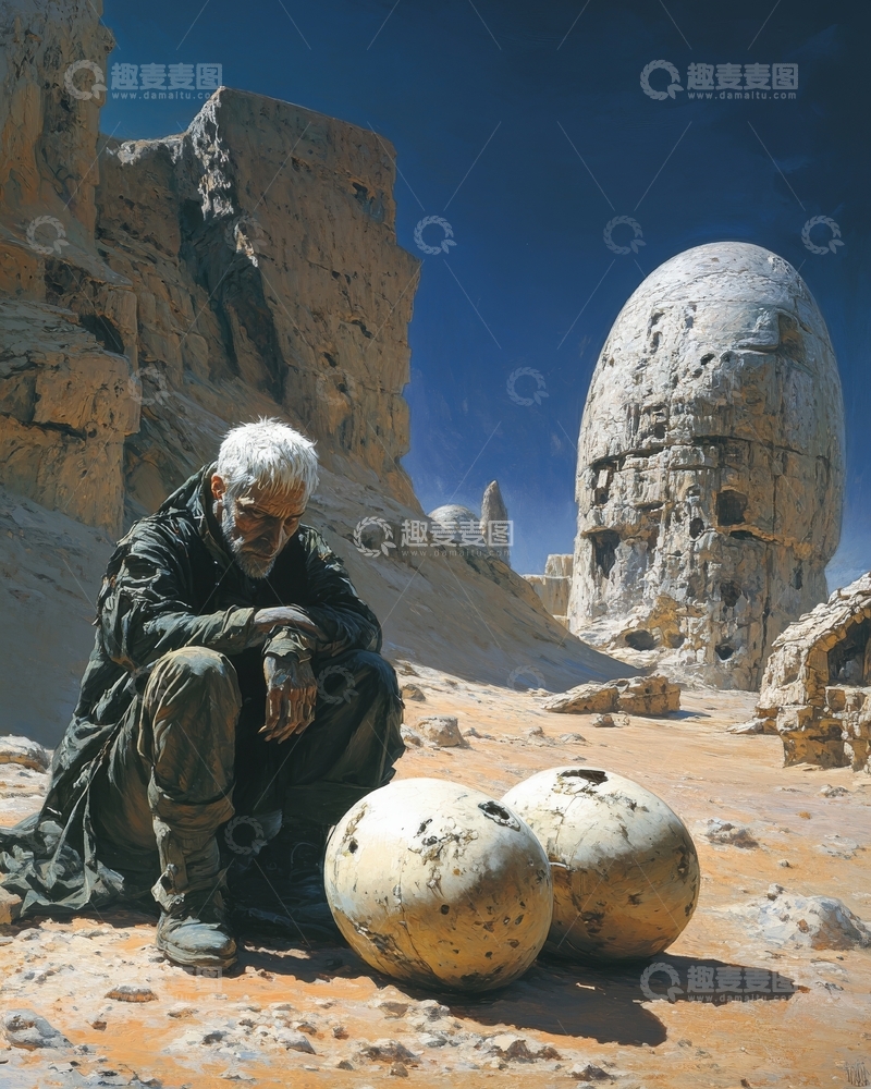 高清大图下载【趣麦麦图】荒漠中沉思的老人与神秘石球